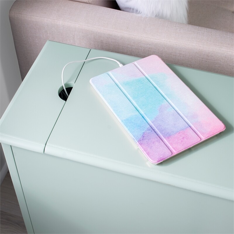 Linon Butler Wood Multi Function Storage Accent Table USB Charging in Aqua Blue