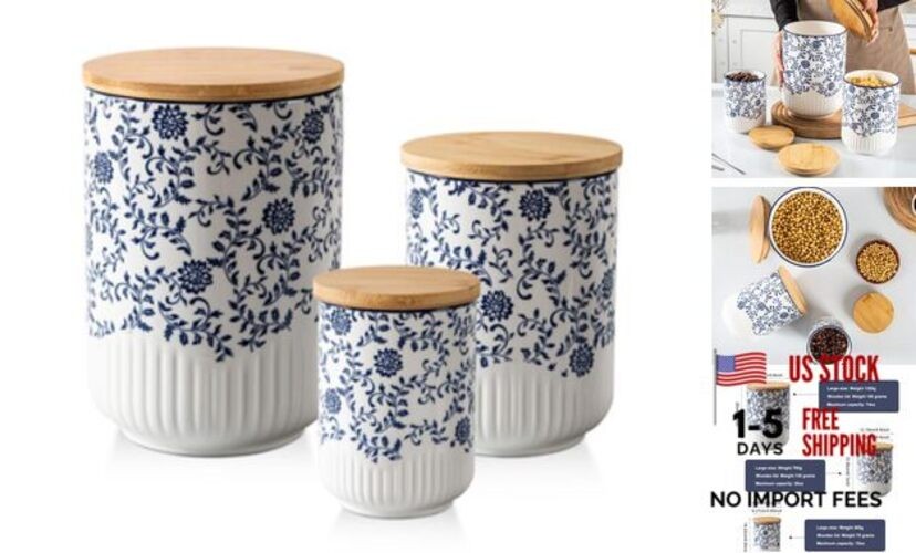 Canisters Sets for Kitchen - Ceramic Kitchen Blue (74oz + 36oz + 18oz)
