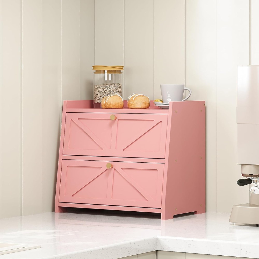 Retro double-layer bread box, suitable for kitchen countertops (pink)