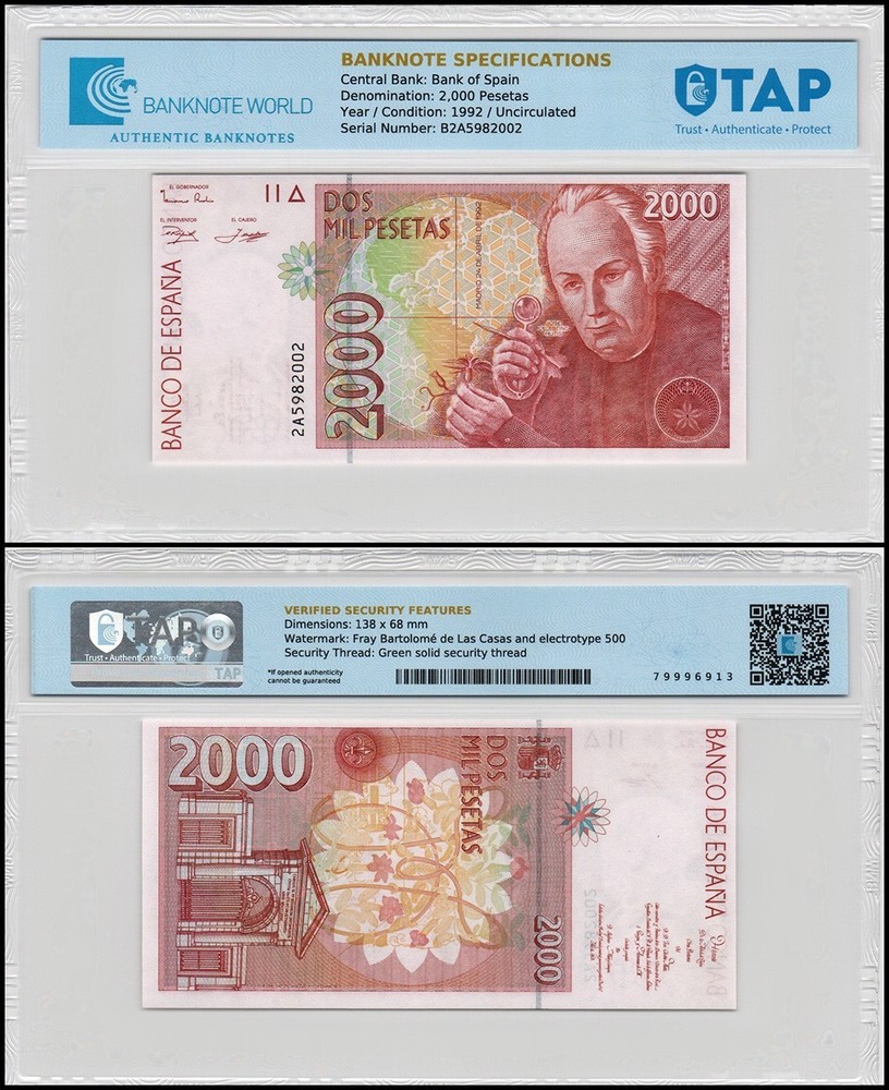 Spain 2000 Pesetas, 1992 (1996), P-164, UNC, TAP Authenticated