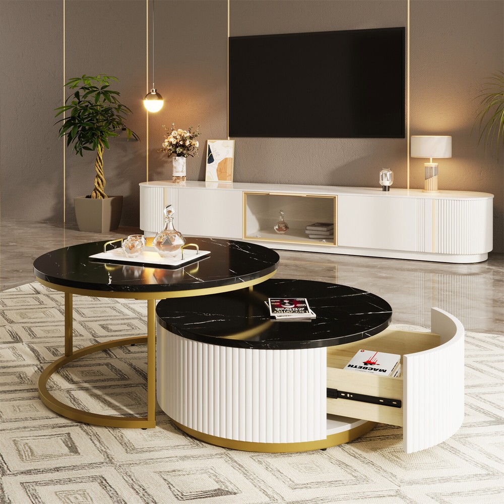 Modern Round Nesting Coffee Table Center Cocktail Table End Table with Drawers