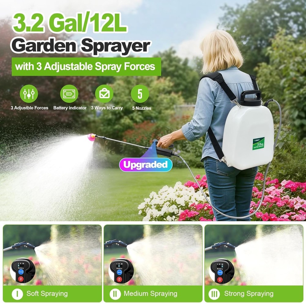 Battery Powered Sprayer 3.2 Gallon Backpack Sprayer W/ 3 Adjustable Forces