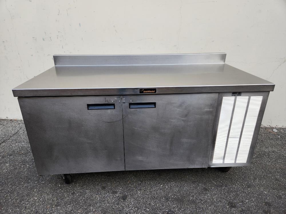 Delfield 18WC68R 68" Worktop Refrigerator with Two Doors and Backsplash.