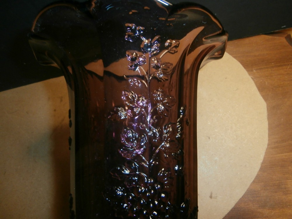 Purple Glass Grape Pattern Vase Mosser 8" tall
