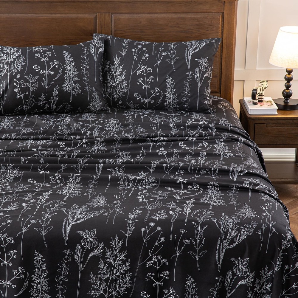 HYPREST Black Sheets Queen,Deep Pocket Sheets, 1800 Thread Count Pattrn Bed S...