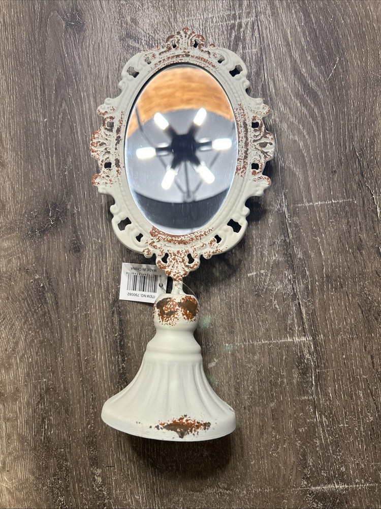 Victorian Tabletop Mirror, White, Brown, 5.5" Width x 3.5" Depth x 12" Tall