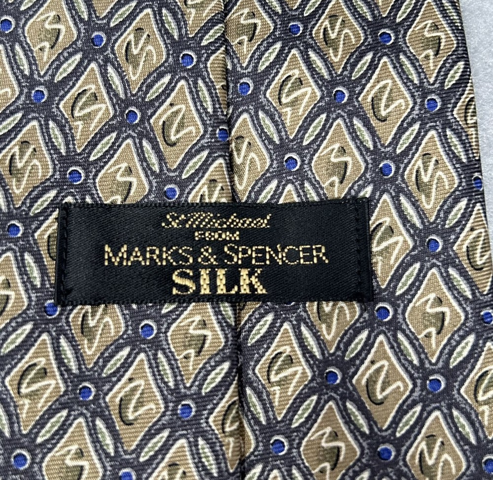 Vintage St Michael From Marks & Spencer Silk Light Brown And Blue Patterned Tie