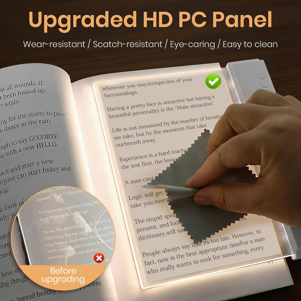 Flat Book Light, Rechargeable Clear LED Smart Reading Light with 3 Colors & Time