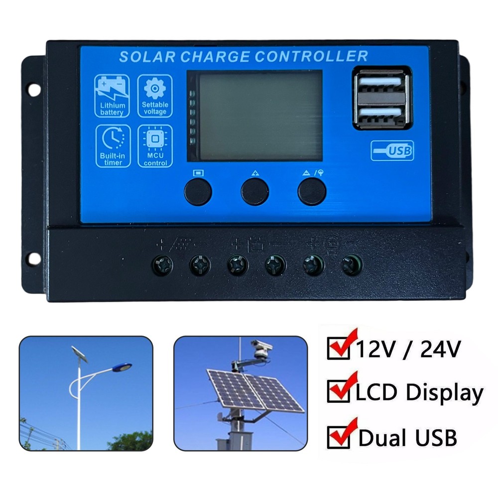 30A Solar Panel Battery Charge Controller 12V/24V LCD Regulator Auto Dual USB US
