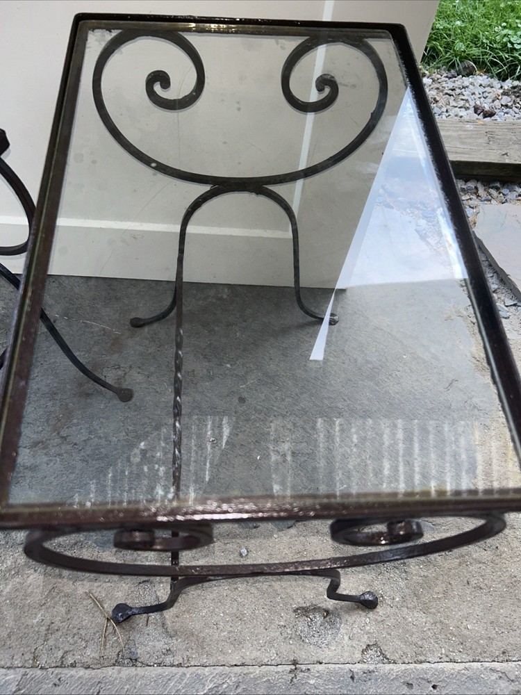Complementary Pair NESTING Neoclassical Style Wrought Iron Glass Top Side Tables