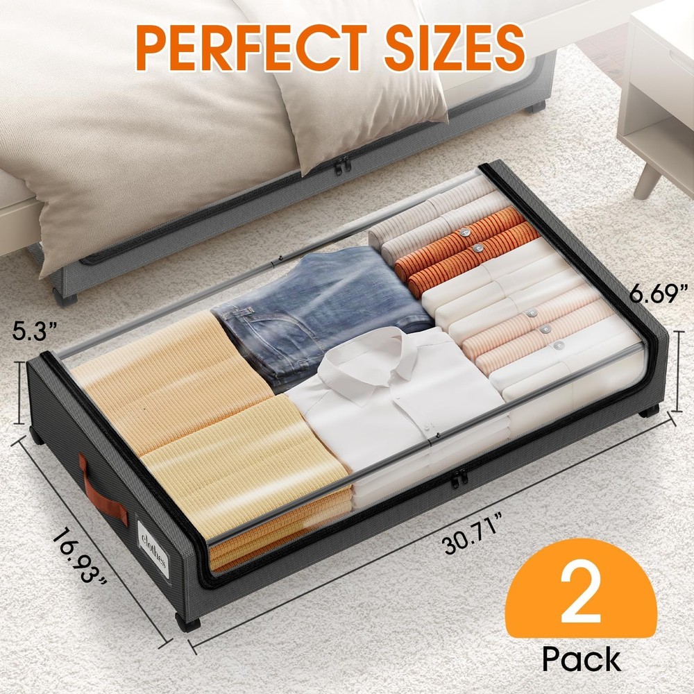 Under Bed Storage with Wheels 2Pack Storage Containers with Clear Window&Labe...