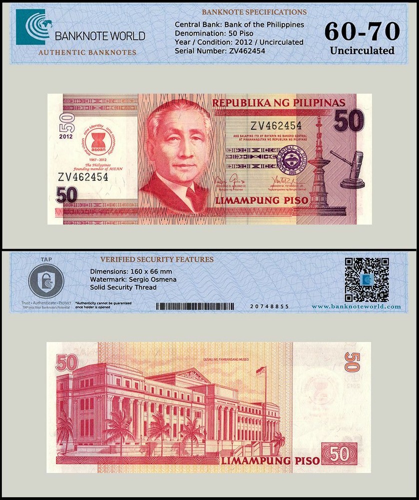 Philippines 50 Piso, 2012, P-211A, UNC, Commemorative, Authenticated Banknote