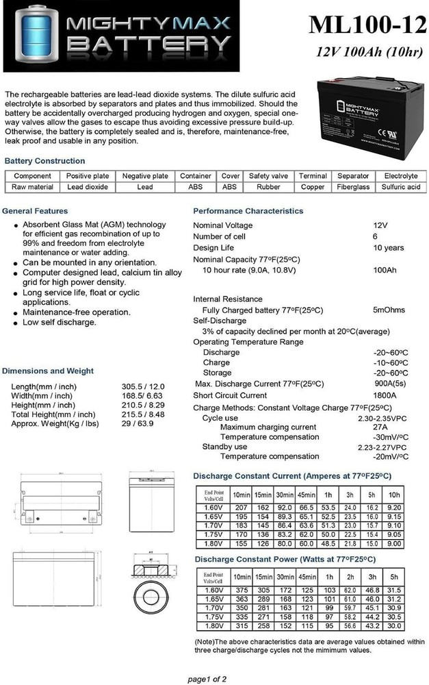 Mighty Max ML100-12 - 12 Volt 100 AH Internal Thread (INT) Terminal Rechargeable