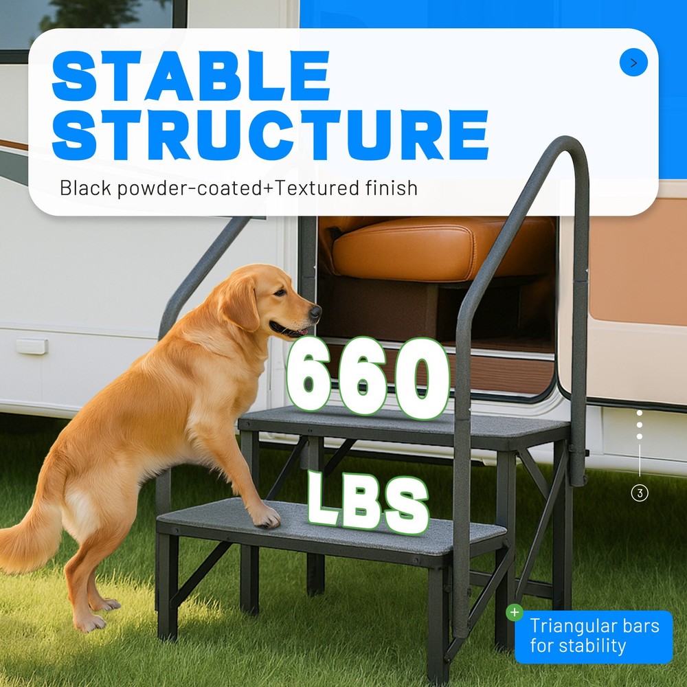 2 Step RV Steps with 2 Handrails w/Step Mat 660 lbs Load Capacity For Trailers
