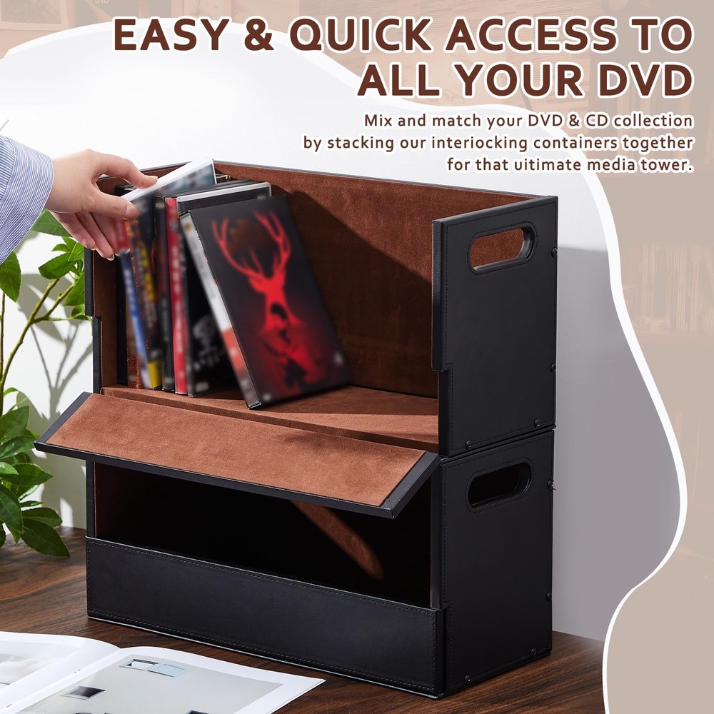 2 Set Leather Dvd Storage Box Stackability Dvd Storage Shelf Holder Racks Cas...