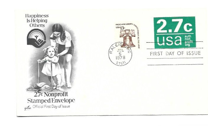 U579 2.7c Nonprofit embossed envelope ArtCraft, FDC