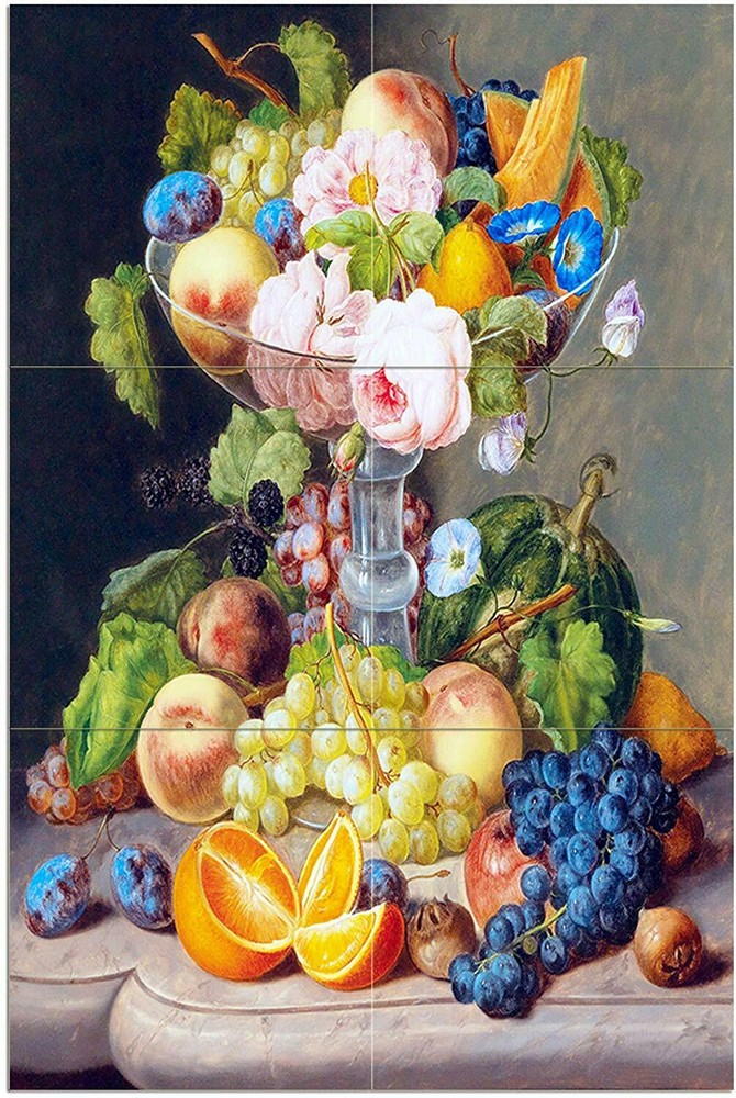 Tile Mural Flowers Fruit J. Seitz Orange Plum Kitchen Backsplash Marble Ceramic