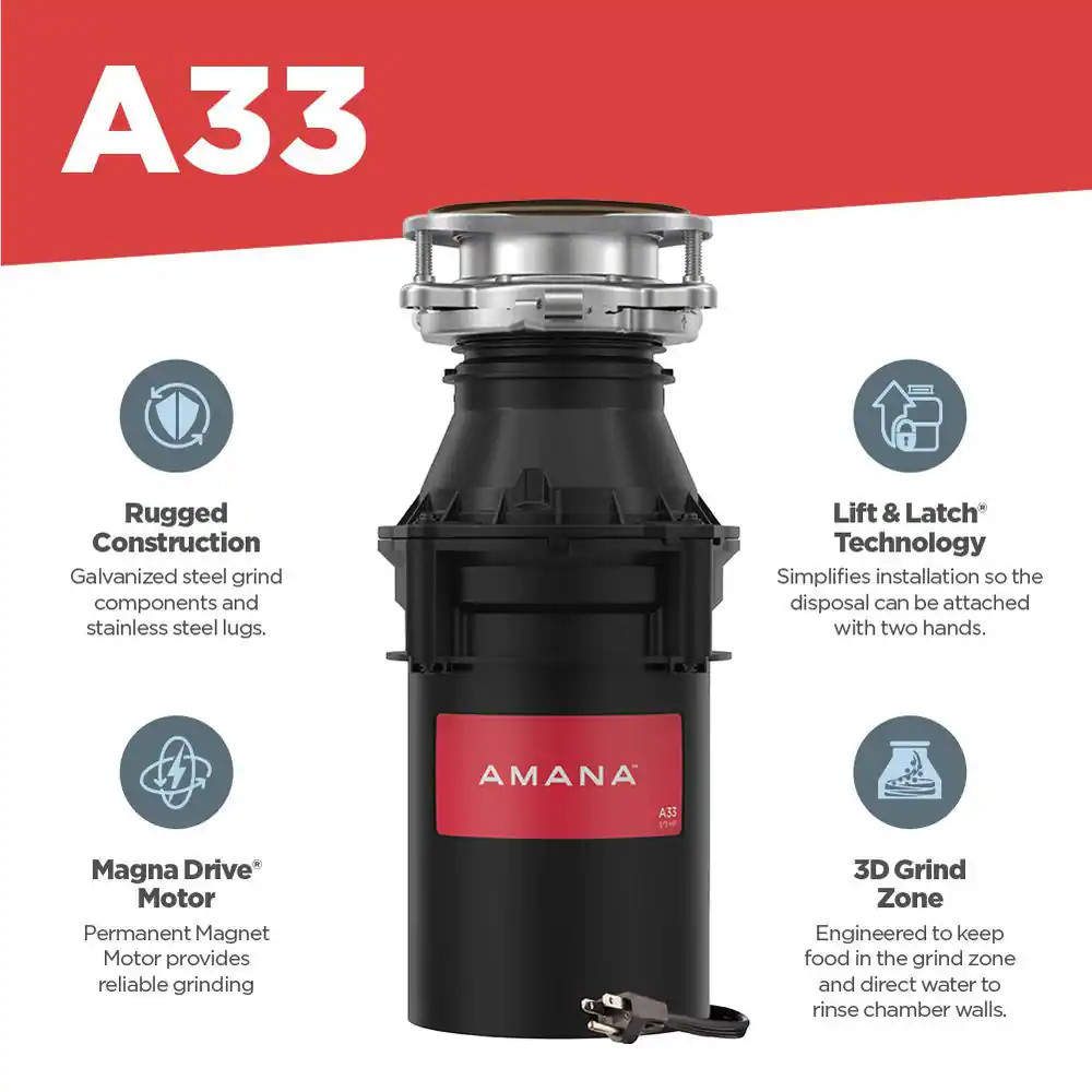 A33 W/C 1/3 HP Continuous Feed Kitchen Garbage Disposal with Power Cord