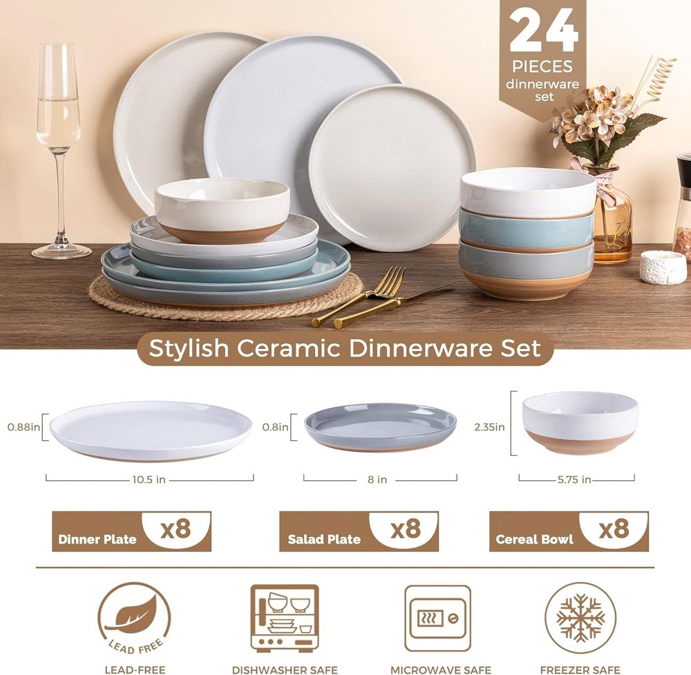 AmorArc 24-Pieces Handpainted Ceramic Dinnerware Plates & Bowls Set - Multicolor