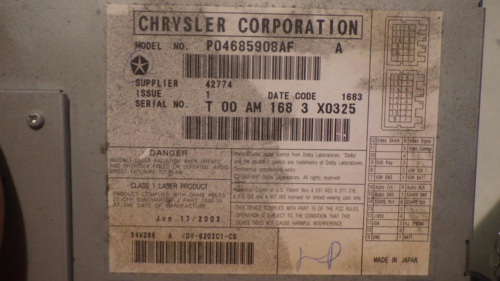 04 CHRYSLER PACIFICA Info Screen DVD 4685908AF