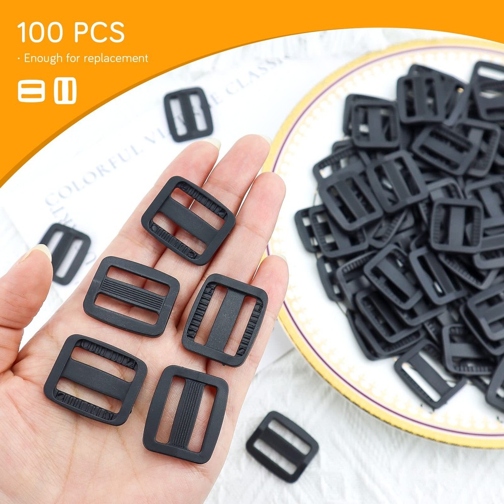 100 PCS 0.79" Black Plastic Tri-Glide Slides Button for Belt Backpack Bags