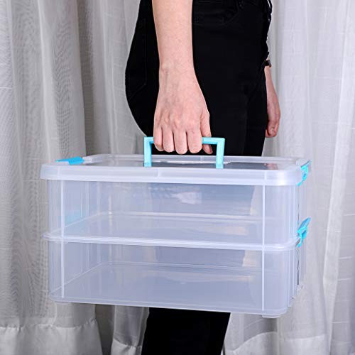 2-Tiers Stack Carry Storage Box With Handle, Transparent Stackable Blue