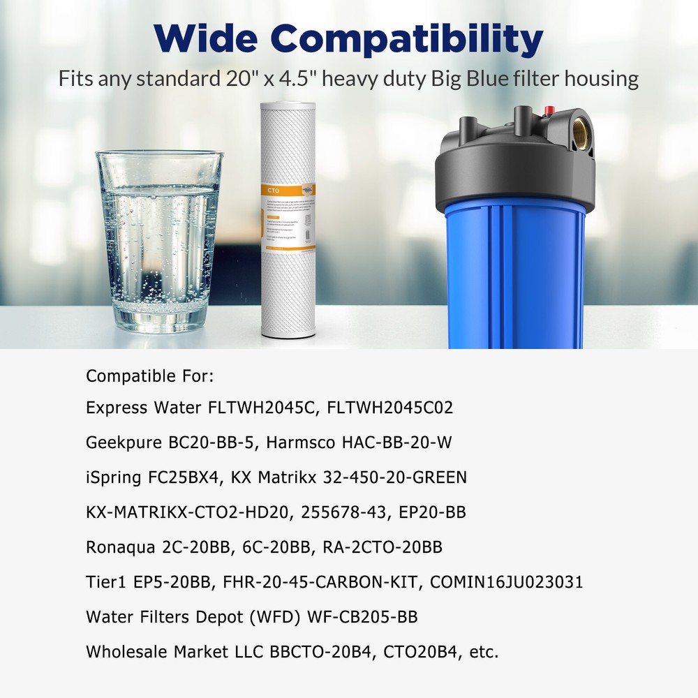 5 Micron 20x4.5" CTO Carbon Block Water Filter Whole House for Big Blue Housings