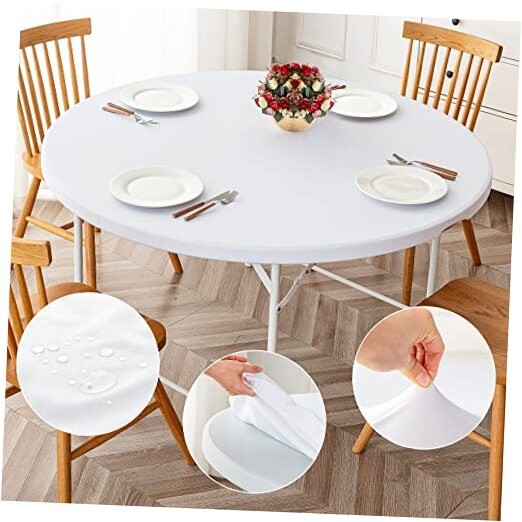 Round Fitted Tablecloth 2 Pack, Reversible Fit Table up 32"-36" Diameter White