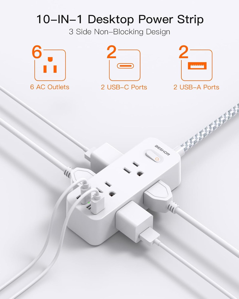 10 Outlet Surge Protector Power Strip USB C 5FT Flat Plug