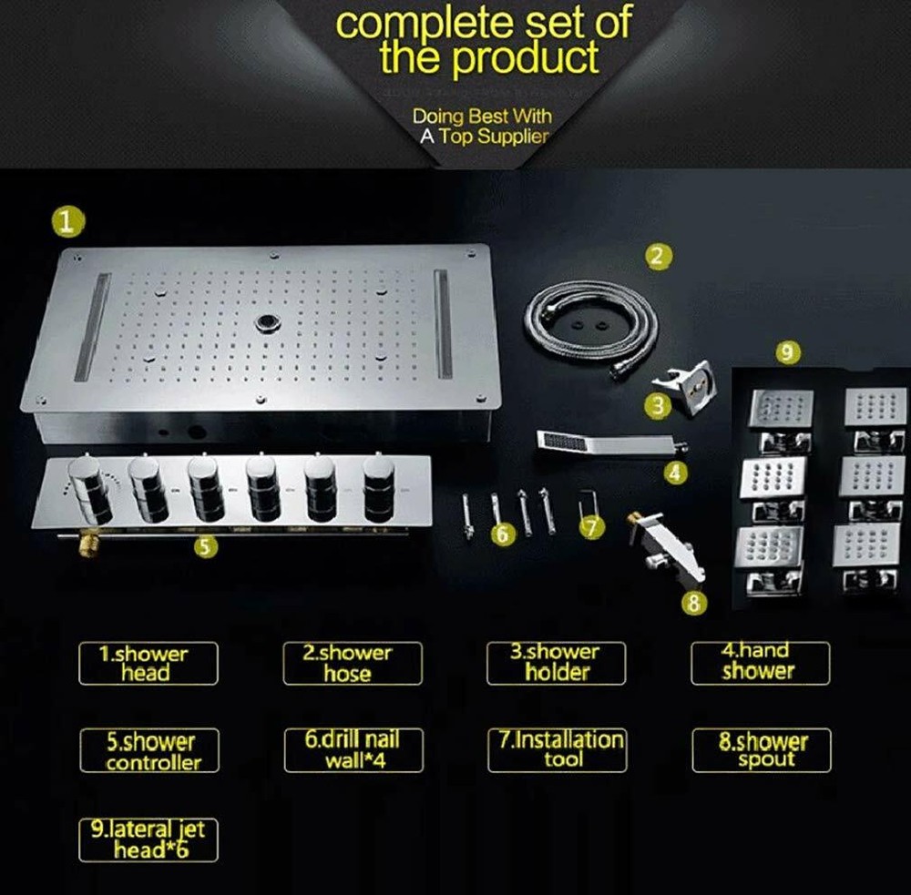 15"x28" Rectangle Ceiling Rainfall Multi Function Shower Head System - Polished