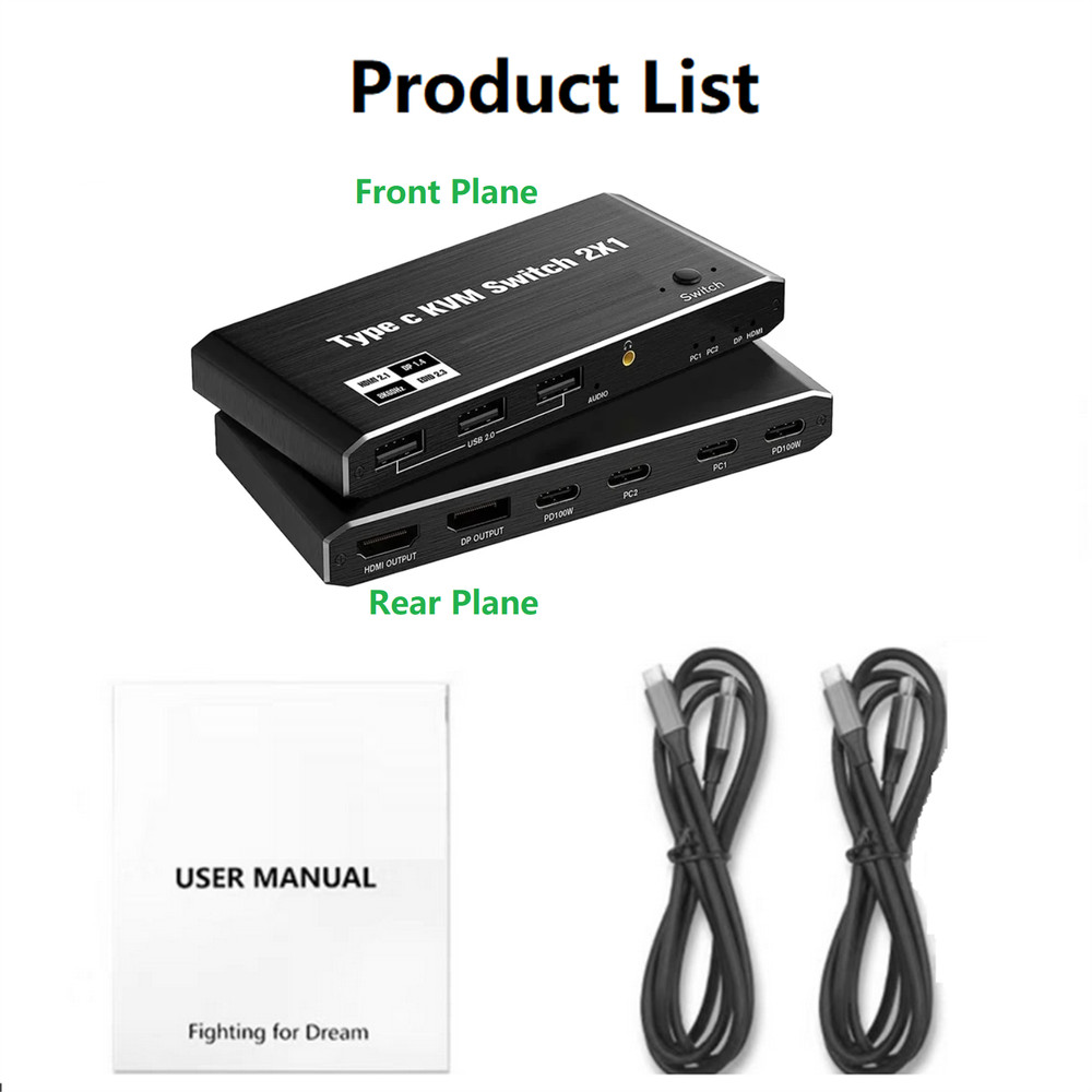 2x1 8K USB C KVM Switch 3.5mm 100W PD Charge Type C KVM Switch Share Accessories