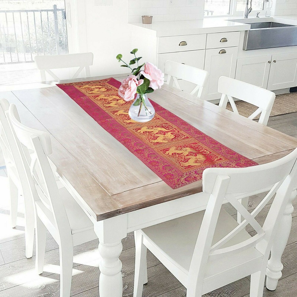 Indian Pink Wedding Decor Table Runner Boho Brocade Elephant Linen Tablecloth