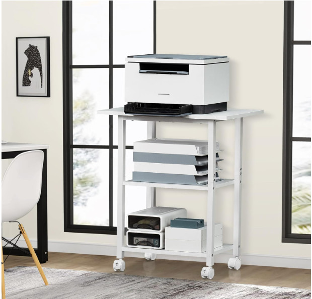 3-Tier Mobile Printer Stand with Storage Shelf & Lockable Wheels, White