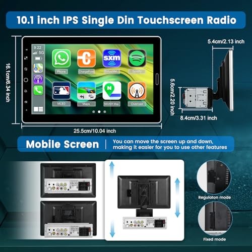Single Din Touchscreen Radio: 10.1 inch Adjustable Touchscreen Stereo -
