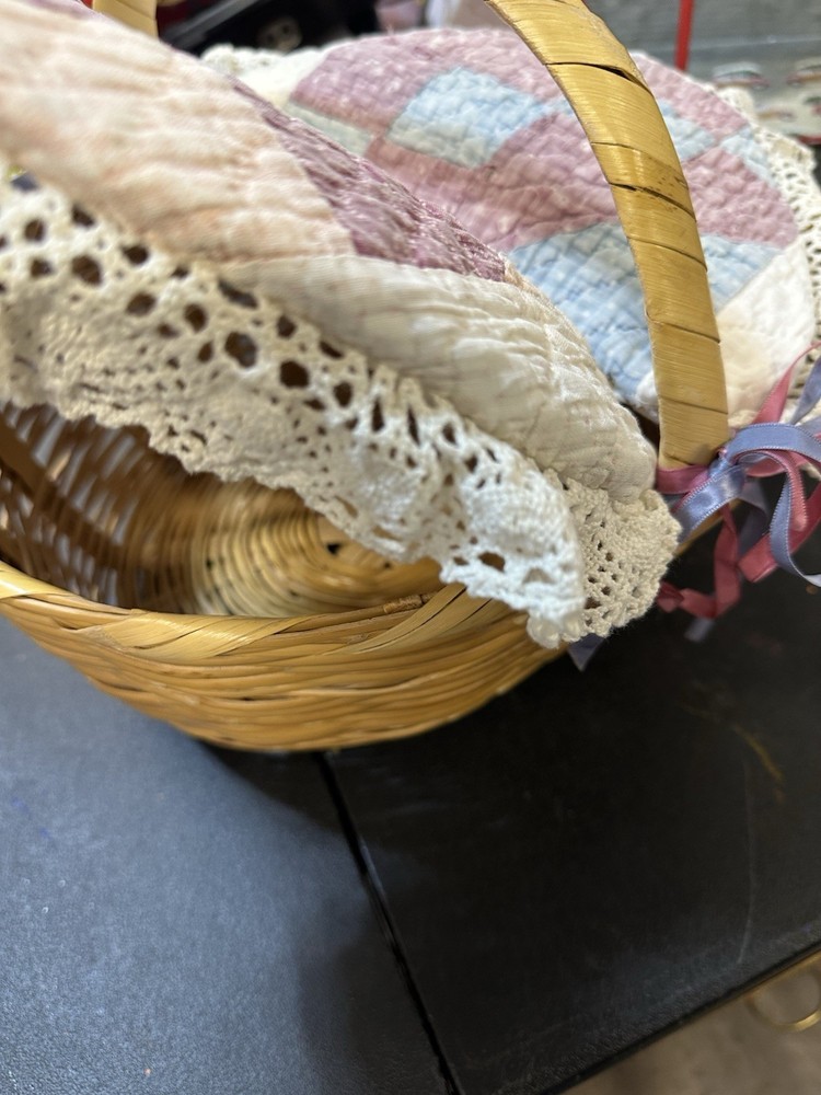 Vintage Handmade Quilted Sewing Basket Wicker Handle Patchwork Lid Cottagecore