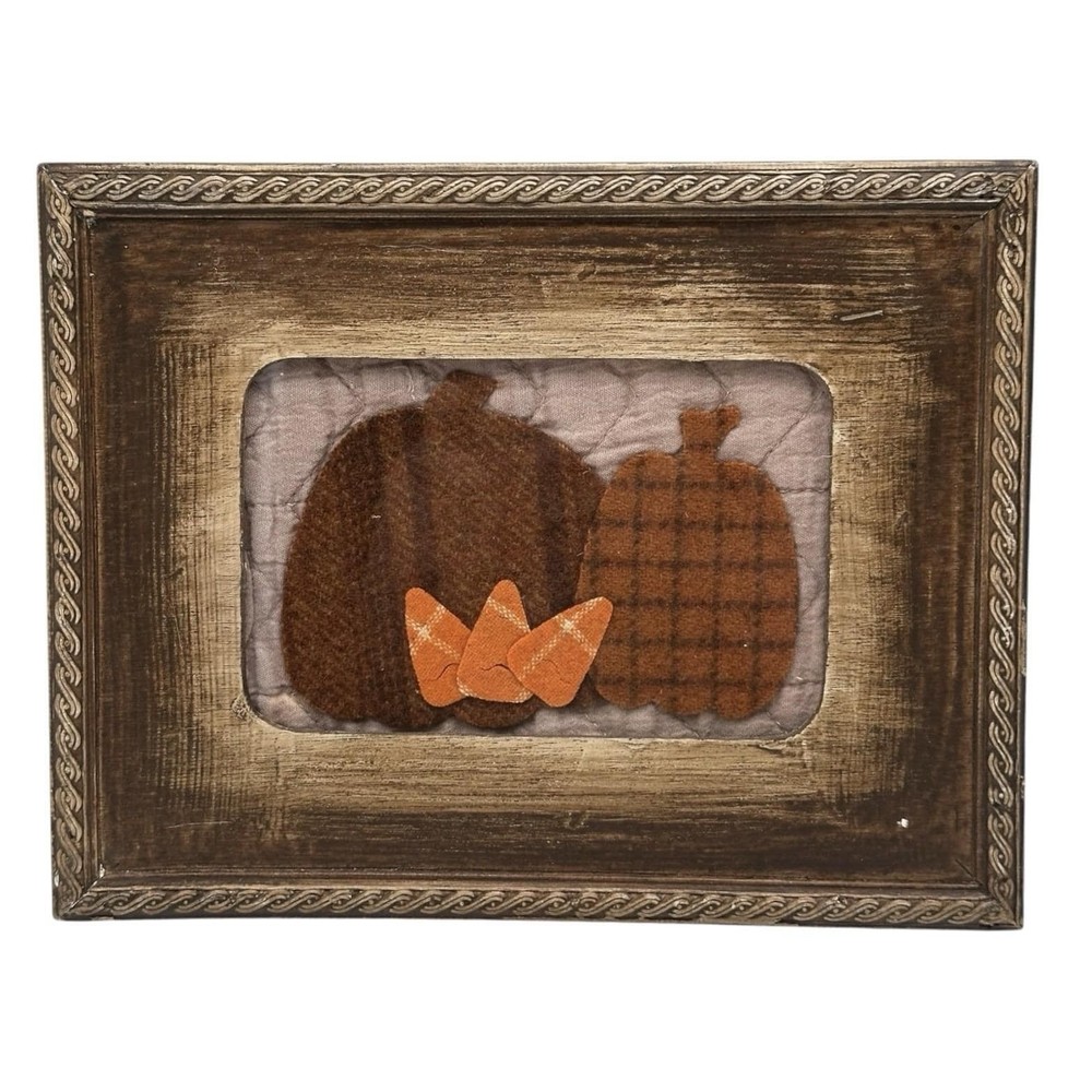 Handmade Textile Halloween Fall Art In Wood Frame  Pumpkins Candy Corn