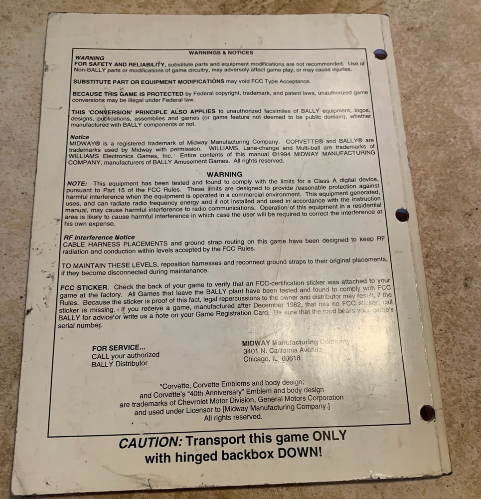 Bally Corvette Pinball Machine Operations Manual ORIGINAL