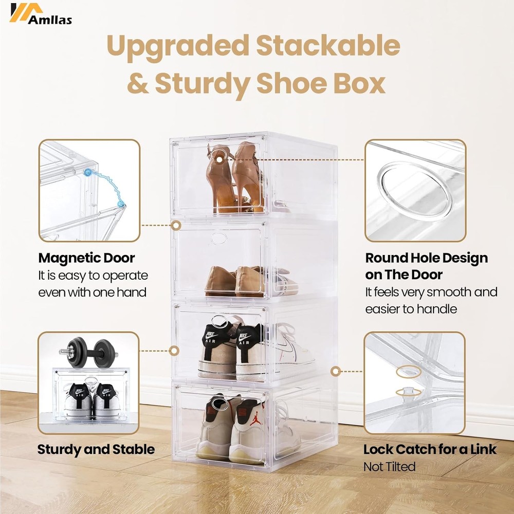12 Pack Clear Shoe Boxes Stackable,Shoe Storage Boxes Closet,Sturdy Shoe Box