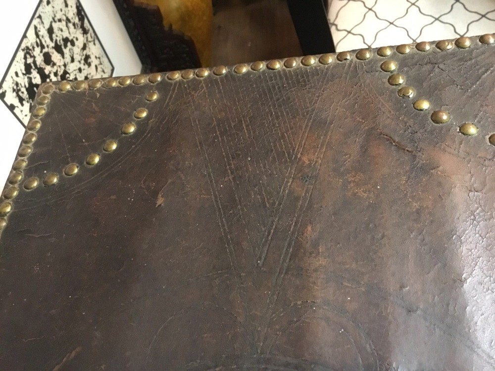 AUTHENTIC ANTIQUE PORTUGESE STUDDED LEATHER STORAGE TRUNK