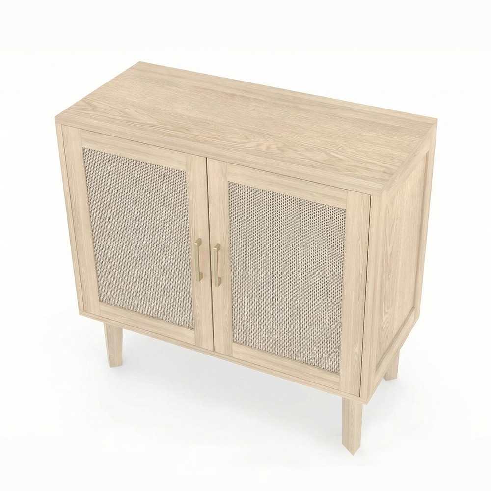 ↑Buffet Cabinet With Rattan Decor Doors Solid Wood Feet Multifunctional