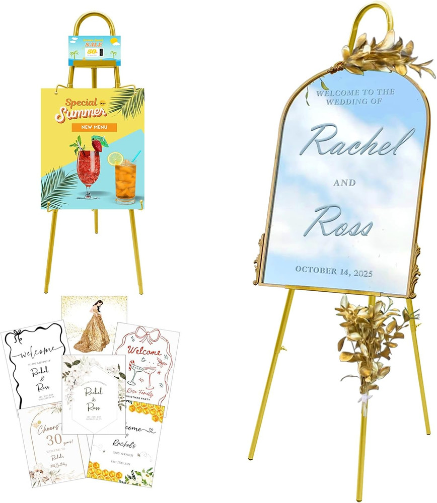 Height Adjustable Gold Easel Stand for Signs with Hooks and Display Modes
