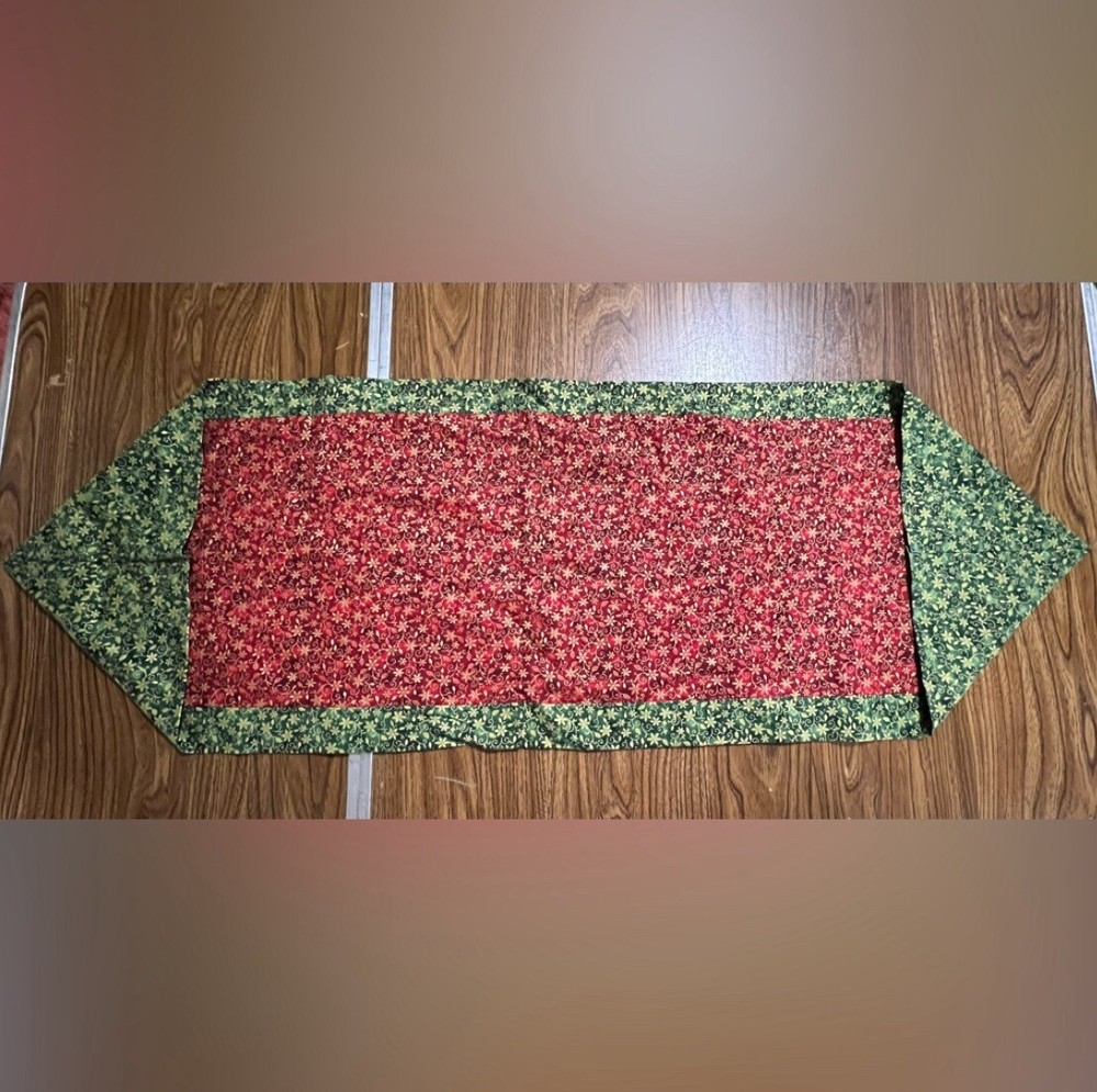 Handmade Table Runner Christmas Red Green Floral 14" X 42"