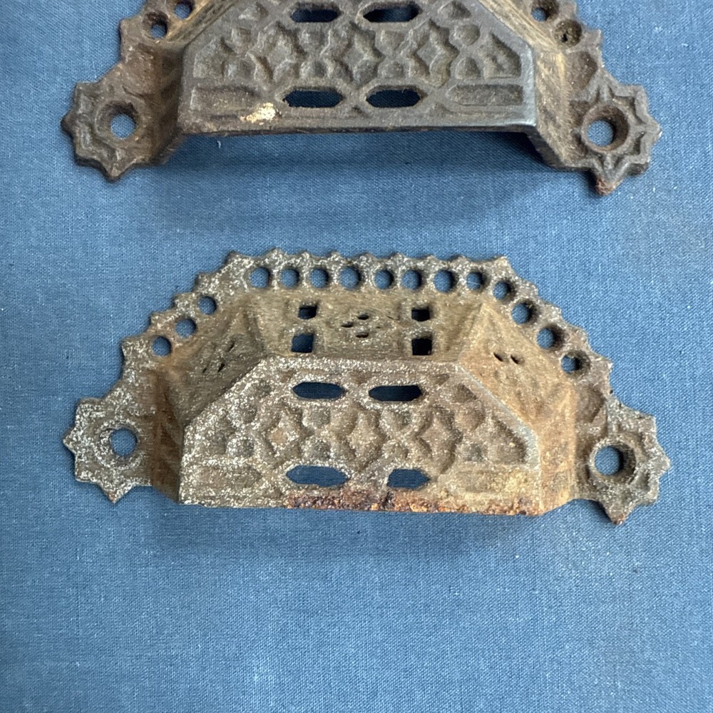6 Antique Victorian Eastlake Pierced Cast Iron Bin Drawer Pulls Cup Drawer Pulls
