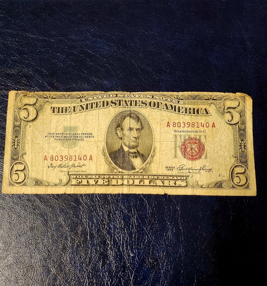 1953 .  5 Dollar RED SEAL MisPrint/ MISCUT Error Note.
