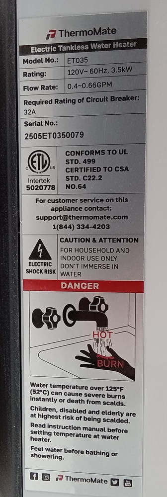 Thermomate ET035 Electric Tankless Water Heater Mini White