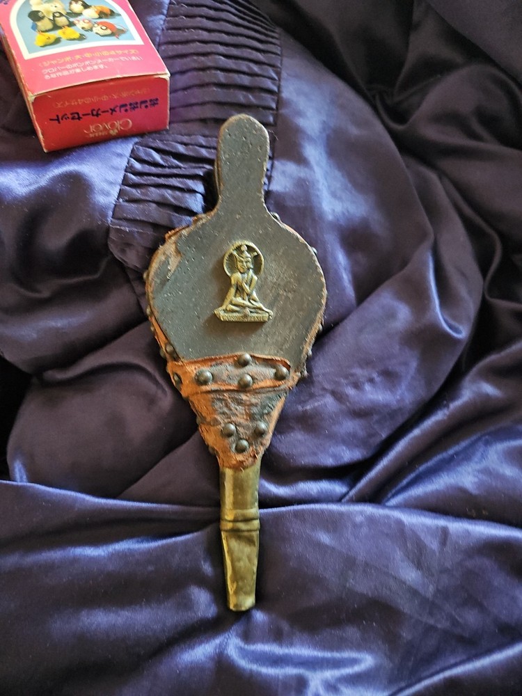 Vintage Fireplace Bellows Wood Leather Brass With Cornish Pixie