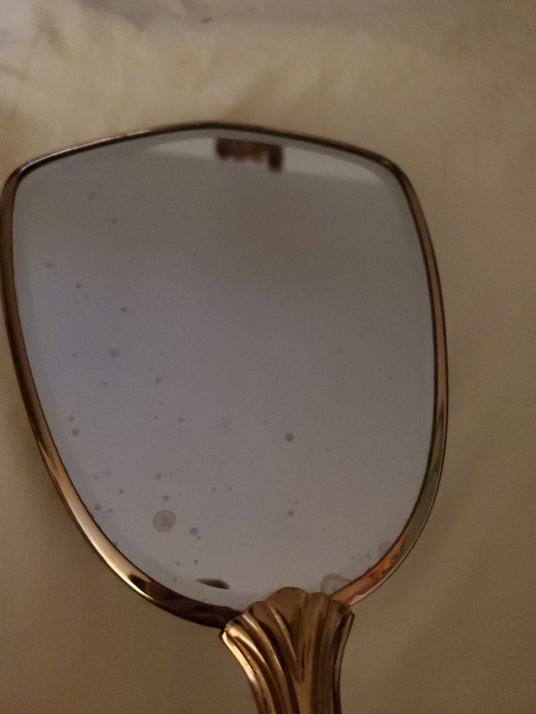 Vintage art deco brass handheld vanity mirror