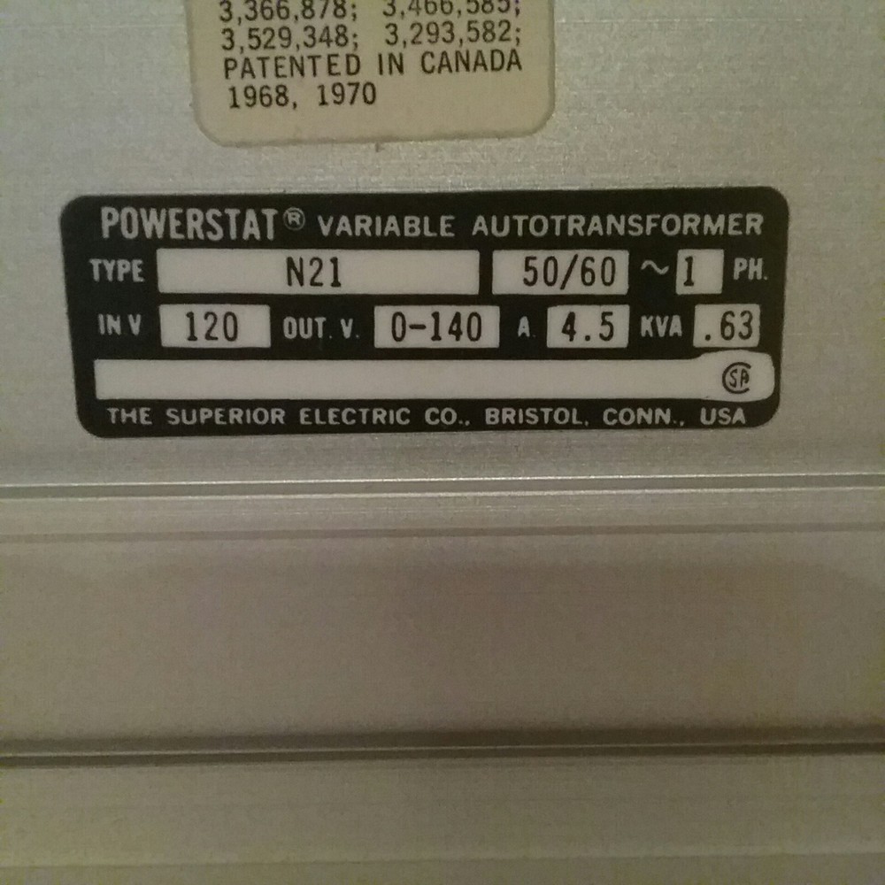 Powerstat Variable Transformer Type N21, Input 120VAC, Output 0-140VAC, 4.5A
