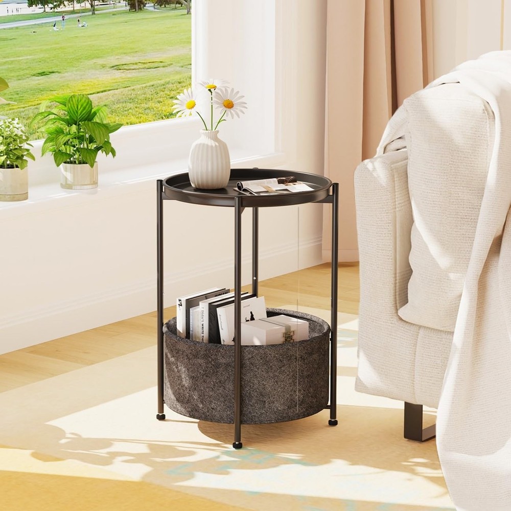 Small Side Table, Mini Round End Table, Tray Table with Fabric Storage Basket...