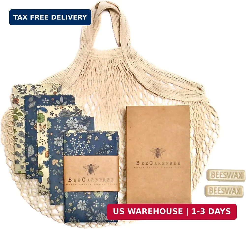 4-Pack Reusable Beeswax Wraps with Produce Bag & 2 Beeswax Bars